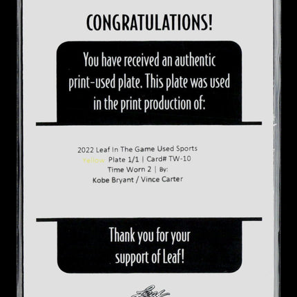 2022 Leaf In The Game Used Sports Kobe Bryant Vince Carter #TW-10 Printing Plate