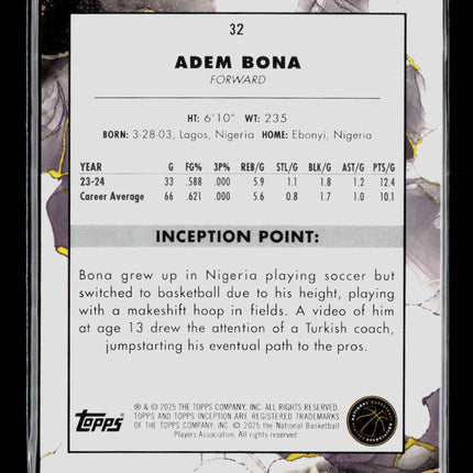 2025 Topps Inception Adem Bona #32 Gold RC 19/50