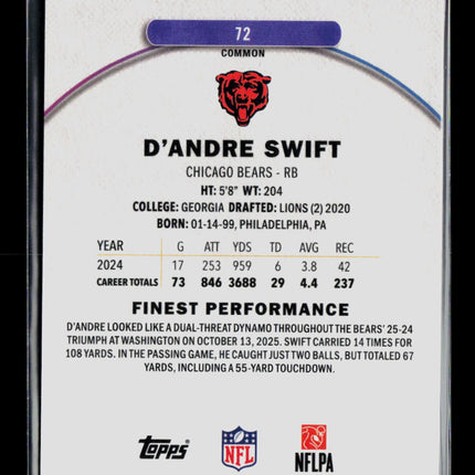 2025 Topps Finest D'Andre Swift #72 Purple 187/250
