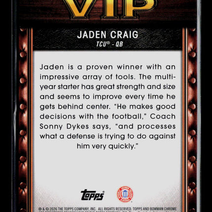 2026 Bowman Chrome University Football Jaden Craig #VIP-25 07/10
