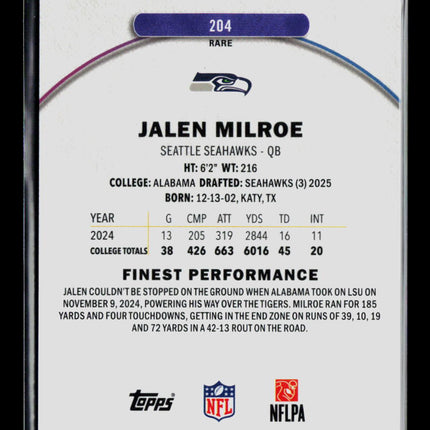 2025 Topps Finest Jalen Milroe #204 RC 3/15