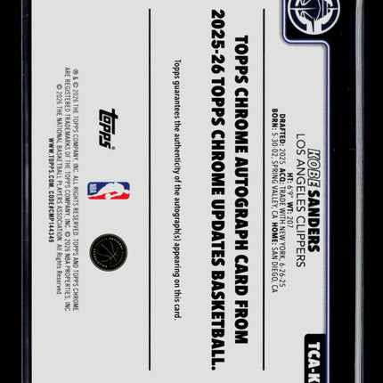 2026 Topps Chrome Updates Kobe Sanders #TCA-KSA Blue RC Auto