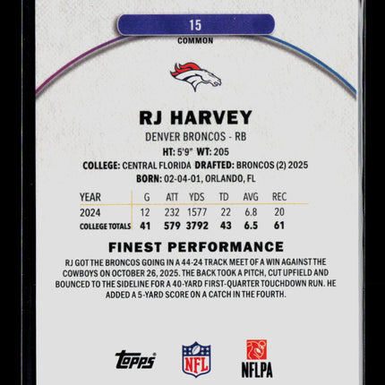 2025 Topps Finest RJ Harvey #15 Green RC 16/75