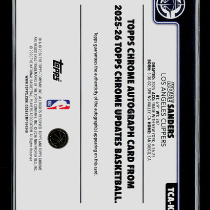 2026 Topps Chrome Updates Kobe Sanders #TCA-KSA Green RC 13/99 Auto