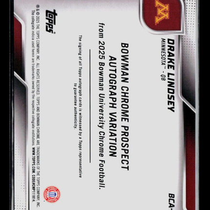2025 Bowman Chrome University Football Drake Lindsey #BCA-DLI Auto