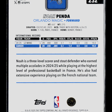 2025 Topps Noah Penda #232 Gold RC /2025