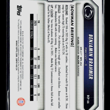 2026 Topps Bowman Chrome University Benjamin Brahmer #BCP-66 Speckle Refractor