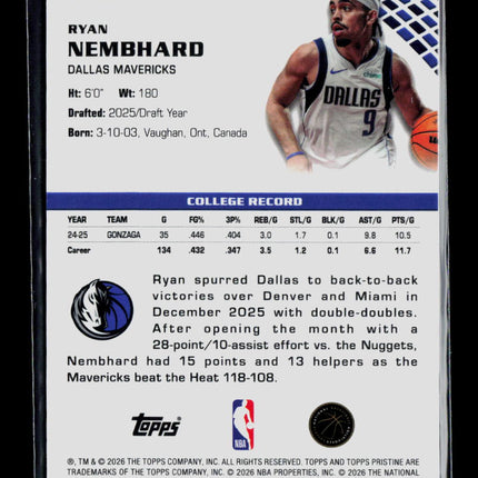 2026 Topps Pristine Ryan Nembhard #124 RC 092/199