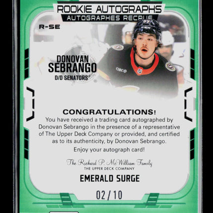 2025 Upper Deck O-Pee-Chee Platinum Donovan Sebrango #R-SE Emerald Surge 02/10