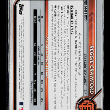 2022 Bowman Chrome Draft Reggie Crawford #BDC-33 Black & White RayWave Refractor