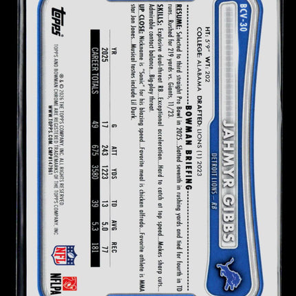 2026 Bowman Chrome University Jahmyr Gibbs #BCV-30 Gold Shimmer /50