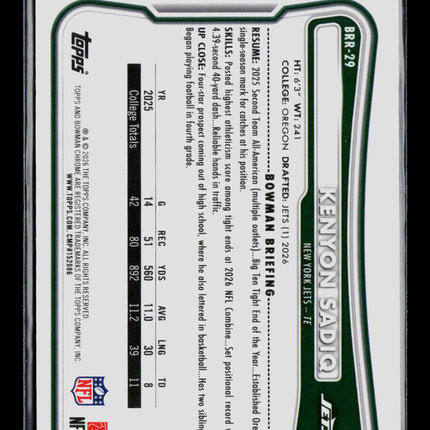2026 Topps Bowman Chrome Kenyon Sadiq #BRR-29 RC Red Logo