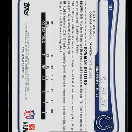 2026 Topps Bowman CJ Allen #184 Gold RC 30/50