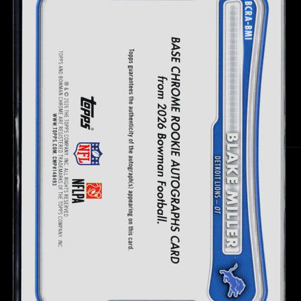 2026 Topps Bowman Chrome Football Blake Miller #BCRA-BMI RC Auto