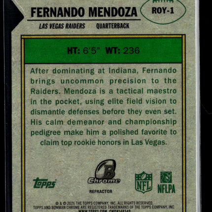 2026 Bowman Chrome Rookie of the Year Favorites Fernando Mendoza Refractor RC