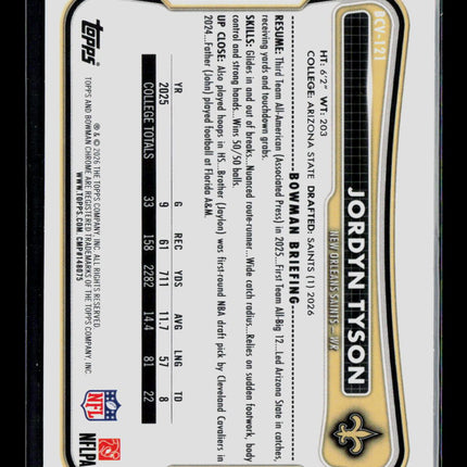 2026 Topps Bowman Chrome Jordyn Tyson #BCV-121 Speckle Refractor RC