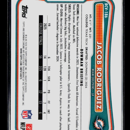 2026 Topps Bowman Chrome Jacob Rodriguez #BCV-186 Blue Shimmer RC 063/150