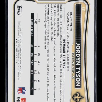 2026 Topps Bowman Jordyn Tyson #121 Yellow 116/275 RC
