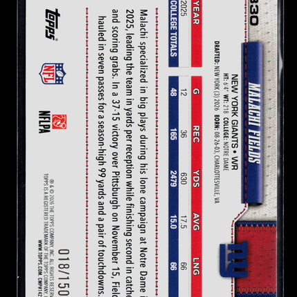 2026 Topps Malachi Fields #330 018/150 RC Blue Yellow
