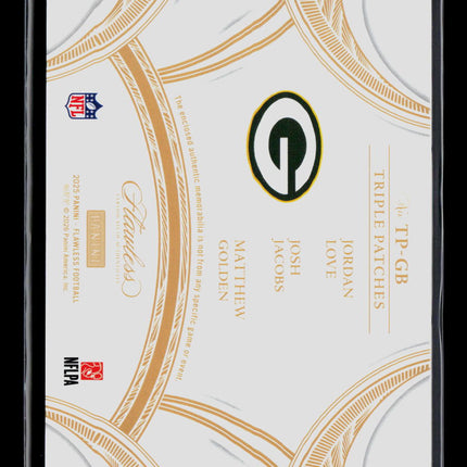 2025 Panini Flawless Josh Jacobs Matthew Golden Jordan Love #TP-GB Patch /20