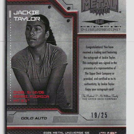 2026 SkyBox Metal Universe Champions SE Jackie Taylor #51 Gold 19/25 Auto