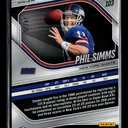 2026 Panini Prizm Black Phil Simms #103 Red Checker 74/75