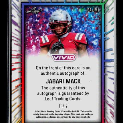 2025 Leaf Vivid Jabari Mack #BA-JM1 6/7 Auto