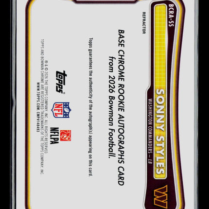 2026 Bowman Chrome Football Sonny Styles #BCRA-SS Refractor 064/499 RC Auto