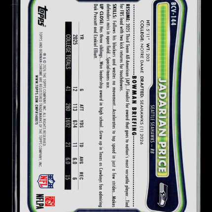 2026 Bowman Chrome Jadarian Price #BCV-144 Orange Shimmer /25 Refractor RC