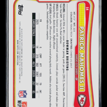2026 Topps Bowman Patrick Mahomes II #54 Yellow 141/275