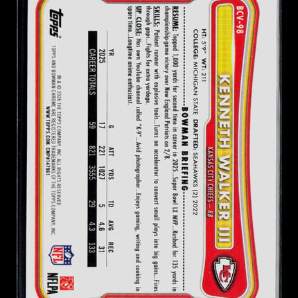 2026 Topps Bowman Chrome Kenneth Walker III #BCV-98 Speckle