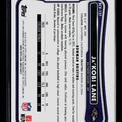 2026 Bowman Chrome Football Ja'Kobi Lane #BCV-127 Mojo Refractor RC