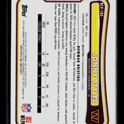 2026 Topps Bowman Chrome Football Sonny Styles #BCV-183 RC