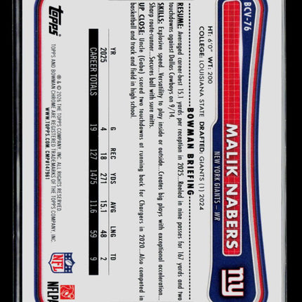2025 Bowman Chrome Malik Nabers #BCV-76 Gold Shimmer Refractor 30/50