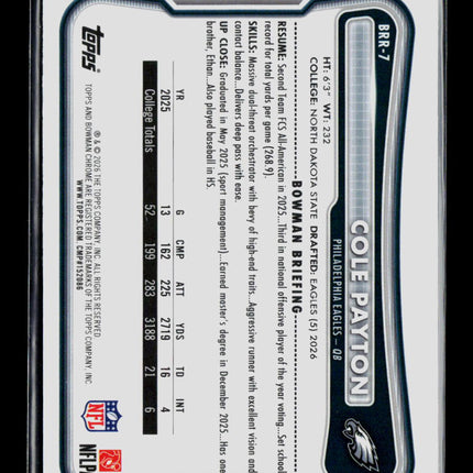 2026 Topps Bowman Chrome Cole Payton #BRR-7 RC Red