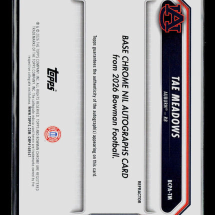 2026 Bowman Chrome University Football Tae Meadows #BCPA-TM 372/499 Auto