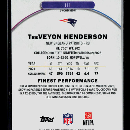 2025 Topps Finest TreVeyon Henderson #111 RC 38/75