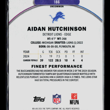 2025 Topps Finest Football Aidan Hutchinson #186 Blue Refractor 114/150