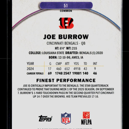 2025 Topps Finest Joe Burrow #51 Purple 184/250
