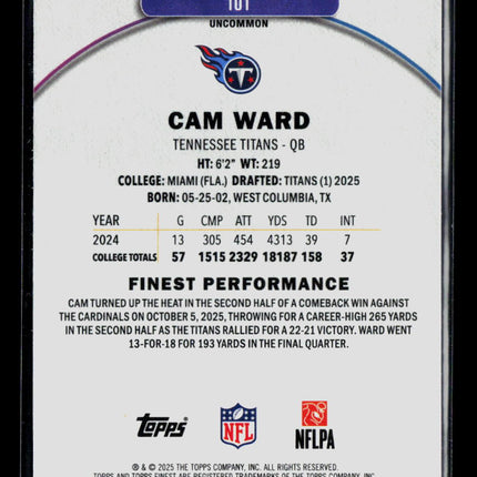 2025 Topps Finest Cam Ward #101 Refractor RC