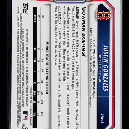 2026 Bowman Chrome Justin Gonzales #CPA-JG Auto