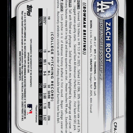 2025 Bowman Chrome Zach Root #CPA-ZR Blue Refractor 002/150 Auto