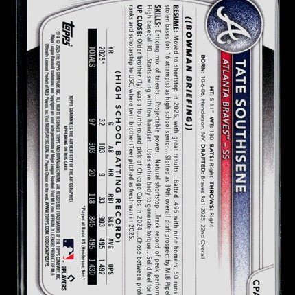 2025 Bowman Chrome Tate Southisene #CPA-TS Blue Refractor 057/199 Auto