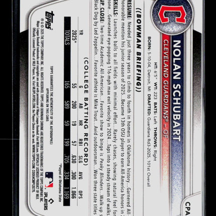2025 Bowman Chrome Draft Nolan Schubart #CPA-NS Purple 089/250 Auto