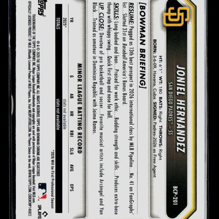 2026 Bowman Chrome Joniel Hernandez #BCP-201 Blue 088/150