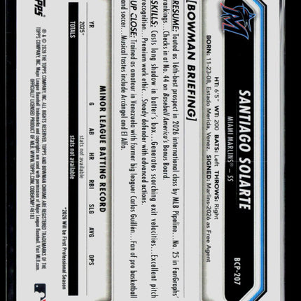 2026 Bowman Chrome Santiago Solarte #BCP-207 /100
