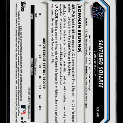 2026 Bowman Chrome Santiago Solarte #BCP-207 Blue Refractor