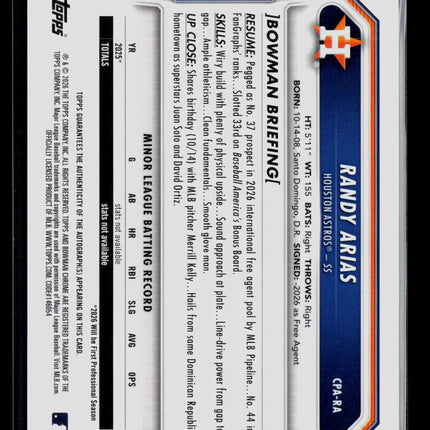 2026 Topps Bowman Chrome Randy Arias #CPA-RA Blue Refractor 055/150 Auto