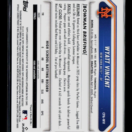 2026 Bowman Chrome Wyatt Vincent #CPA-WV Yellow Refractor 64/75 Auto