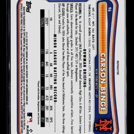 2026 Topps Bowman Chrome Carson Benge #96 Refractor RC 337/499